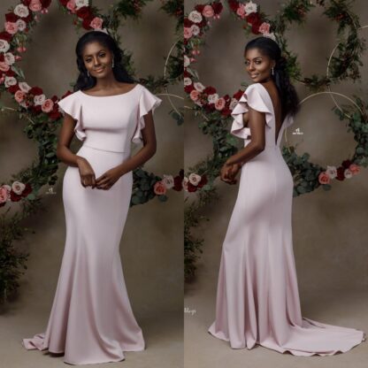 Купить 2020 Black GIrl African Bridesmaid Dresses Scoop Mermaid Cap Sleeves Backless Maid Of Honor Party GOwns PLus Size Prom Dress