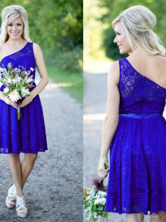 Купить Country Bridesmaid Dresses New Short For Weddings Lace Royal Blue Knee Length With Sash One Shoulder Maid of Honor Gowns cocktail