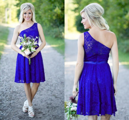 Купить Country Bridesmaid Dresses New Short For Weddings Lace Royal Blue Knee Length With Sash One Shoulder Maid of Honor Gowns cocktail