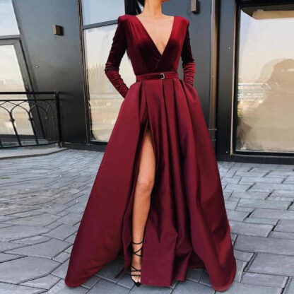 Купить Evening Dress Long Sleeves Deep V-Neck Vestido De Festa Satin with Velour Gowns Robe Soiree abiye gece elbisesi