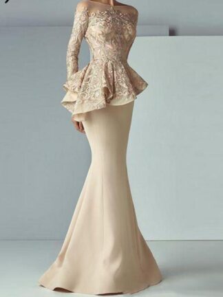 Купить Champagne Mermaid Evening Dresses Gown Long Sleeves Lace Peplum abiye Robe De Soiree Elegant Formal pageant Dress