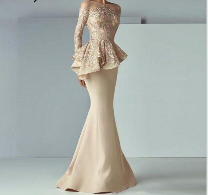 Купить Champagne Mermaid Evening Dresses Gown Long Sleeves Lace Peplum abiye Robe De Soiree Elegant Formal pageant Dress