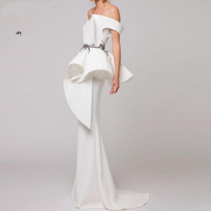 Купить Elegant Formal Dress White Evening Dresses Satin Ruffles Beaded Saudi Arabic Mermaid Evening pageant Gown Long abendkleider