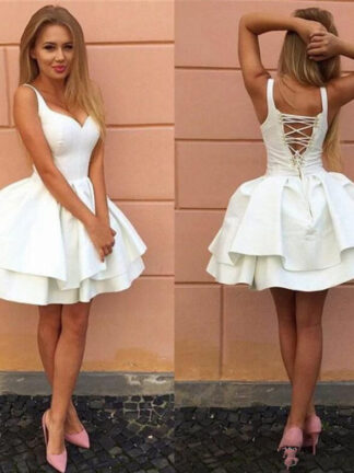 Купить Sexy Dresses Criss-cross Straps Backless Little White Homecoming V Neck Tiered Short Party Puffy Cocktail
