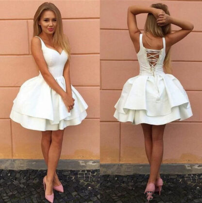 Купить Sexy Dresses Criss-cross Straps Backless Little White Homecoming V Neck Tiered Short Party Puffy Cocktail