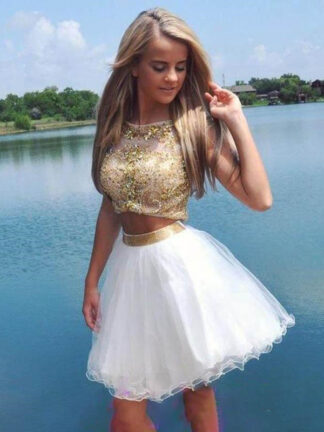 Купить Fashion White and Gold Beaded Two Pieces Short Homecoming Dress A-Line Sweet 15 Graduation Cocktail Party Plus Size Custom Made