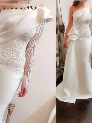 Купить Elegant One Shoulder Mermaid Long Evening Dress White Long Sleeves Arabic Prom Dresses Satin Ruffles Applique Formal Gowns