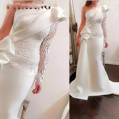 Купить Elegant One Shoulder Mermaid Long Evening Dress White Long Sleeves Arabic Prom Dresses Satin Ruffles Applique Formal Gowns