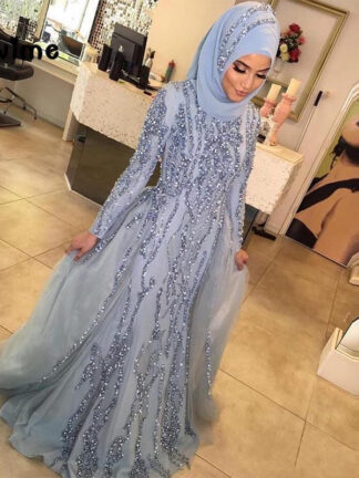 Купить Silver Muslim Evening Dresses Mermaid Long Sleeves Tulle Crystals Islamic Dubai Saudi Arabic Formal Gown Prom