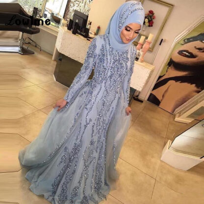 Купить Silver Muslim Evening Dresses Mermaid Long Sleeves Tulle Crystals Islamic Dubai Saudi Arabic Formal Gown Prom