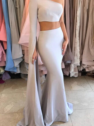 Купить Elegant Two Piece Mermaid Evening Dresses One Shoulder Long Sleeves Satin Floor Length Silver Gray Prom Arabic Formal pageant Gowns