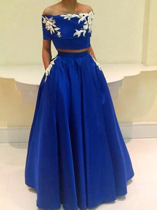 Купить Royal Blue Muslim Evening Dresses A-line Two Pieces Flowers Elegant Islamic Dubai Kaftan Saudi Arabic Long Evening Gown