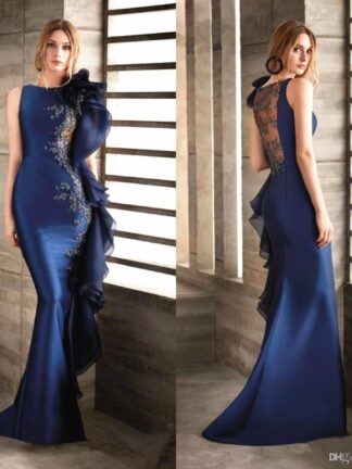 Купить Navy Blue Mermaid Evening Dress Appliques Lace Ruffles Side Illusion Back Sleeveless Floor Length Long Prom Party Gown Custom Size