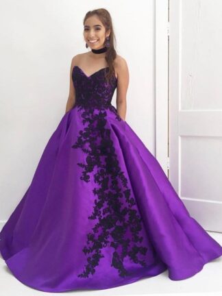 Купить New Fashion Sweetheart A-line Women Evening Dresses Purple Satin Charming Black Appliques Debutante with Pockets Prom