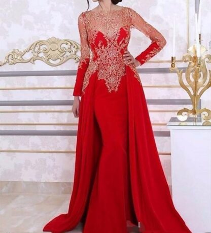 Купить Mermaid Evening Dresses With Detachable Skirt Lace Beading Sequin Red Arabic Kaftan Prom Women Evening Gown robe de soiree