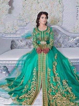 Купить merald Evening Dresses Green Muslim Formal Long Sleeves Abaya Designs Dubai Turkish Prom Party Gowns Moroccan Kaftan vestidos fiesta de noche