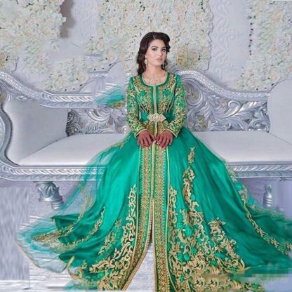 Купить merald Evening Dresses Green Muslim Formal Long Sleeves Abaya Designs Dubai Turkish Prom Party Gowns Moroccan Kaftan vestidos fiesta de noche