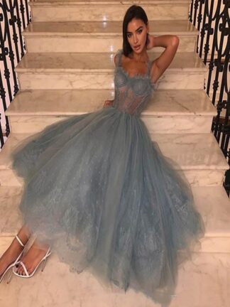 Купить Tulle Prom Dresses Sweetheart Spaghetti Straps Lace Robe De Soiree Party Gowns See Through Waist A Line Bride evening Dress