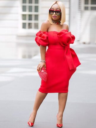 Купить Red Strapless Cocktail Dresses Short Big Bow Front Attractive Evening Party Dress for Women Sleeve with Pocket Prom