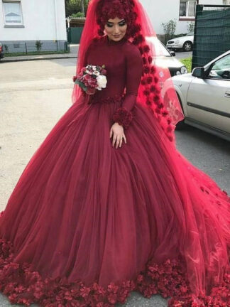 Купить Burgundy Muslim Ball Gown Wedding Dresses 3D Floral High Neck Long Sleeves Bridal Gowns Sweep Train Tulle Vestidos De Novia