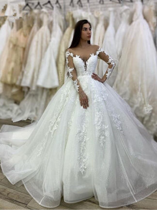 Купить White Tulle Lace Appliques Long Sleeves V-Neck Floor-Length Ball gown Wedding dress Chapel Train Custom made