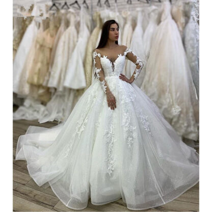 Купить White Tulle Lace Appliques Long Sleeves V-Neck Floor-Length Ball gown Wedding dress Chapel Train Custom made