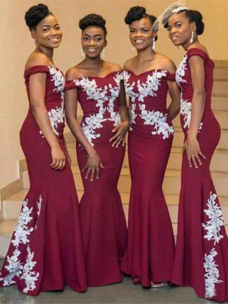 Купить 2020 Elegant Burgundy With White Appliques Mermaid Bridesmaid Dresses African Off the Shoulder Long Wedding Guest Evening Prom Gowns BM1648