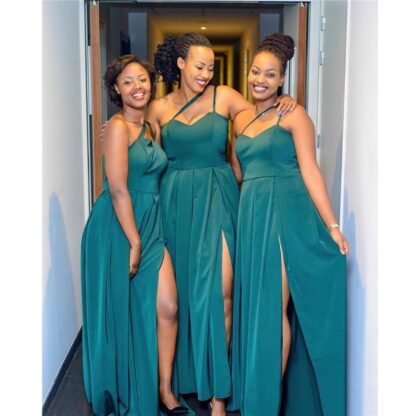 Купить 2020 Nigerian Hunter Split Bridesmaid Dresses Plus Size A Line African Spaghetti One Shoulder Floor Length Wedding Guest Wear BM1913