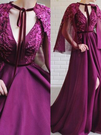 Купить 2022 Grape V Neck A Line Tulle Prom Dresses With Wrap Pearls Beaded Top Evening Gowns Split Side Sexy Pageant Dress C0123