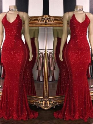 Купить 2020 Sexy Red Sequins Mermaid Long Prom Dresses Halter Beaded Backless Sweep Train Formal Party Evening Dresses BC1085