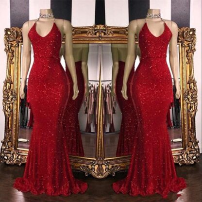 Купить 2020 Sexy Red Sequins Mermaid Long Prom Dresses Halter Beaded Backless Sweep Train Formal Party Evening Dresses BC1085