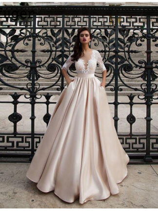 Купить Elegant Gowns Satin Wedding Dresses With Pocket Vestidos Noiva Lace Half Sleeves Bridal Floor Length Champagne Bride