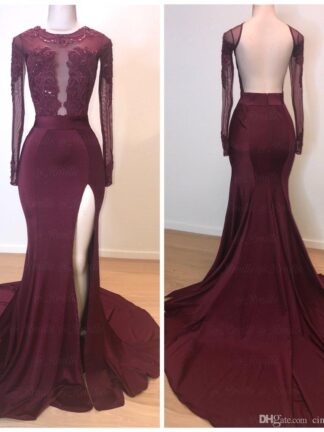 Купить 2020 Burgundy Mermaid Prom Dresses Illusion Long Sleeves Split Side Backless Evening Gowns Lace Applique Cocktail Dress