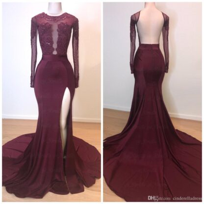 Купить 2020 Burgundy Mermaid Prom Dresses Illusion Long Sleeves Split Side Backless Evening Gowns Lace Applique Cocktail Dress