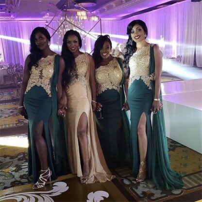 Купить 2020 Emerald Green African One Shoulder Split Mermaid Bridesmaid Dresses Lace Applique Plus Size Wedding Guest Maid Of Honor Dress