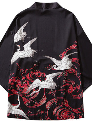 Купить Januarysnow Japanese Kimono Jackets Crane Lucky Red Cloud Print 2019 Mens Harajuku Streetwear Jacket Coat Hip Hop Thin Gown Japan Style New