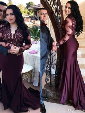 Купить Modest Grape Arabic Plus Size Mermaid Prom Dresses Long Sleeve Illusion Appliques Sweep Train Long Formal Evening Party Gowns Cheap 2020