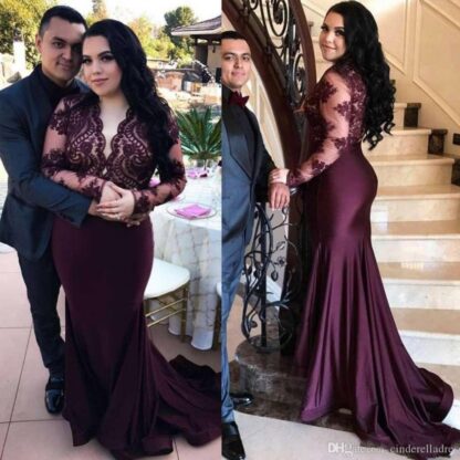 Купить Modest Grape Arabic Plus Size Mermaid Prom Dresses Long Sleeve Illusion Appliques Sweep Train Long Formal Evening Party Gowns Cheap 2020