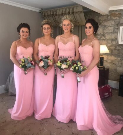 Купить Cheap Pink Long Bridesmaids Dresses 2020 Beaded Lace Applique Maid of Honor Dresses Junior Country Prom Gowns