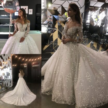 Купить 2020 Luxury Shiny Wedding Dresses Princess Sheer Crew Neck Appliques Beaded Ball Gown Long Sleeves Chapel Train Bridal Gown BC3643