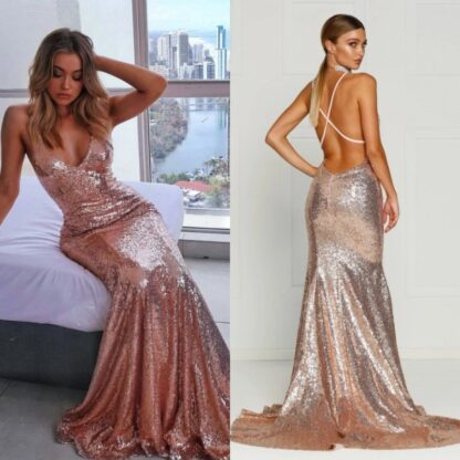 Купить Sexy Spaghetti-Straps Sequins Sleeveless Mermaid Prom Dresses Rose Gold Criss Cross Evening Gowns Custom Made Bridesmaid Dress BC3647