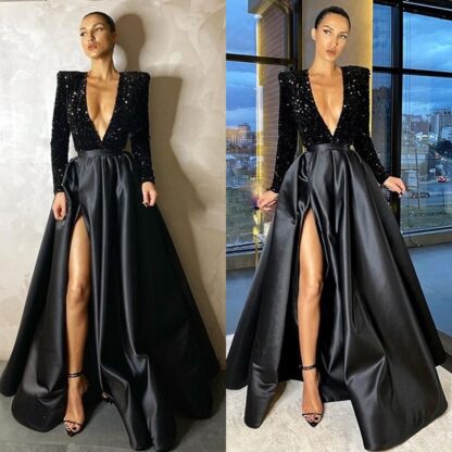 Купить 2022 Sexy Bling Black Split Side Prom Dresses African Long Sleeves V Neck Sequined Top A Line Special Occasion Prom Gowns Evening Vestidos BC5112