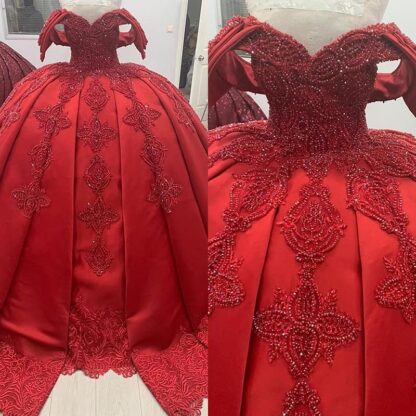 Купить 3D Lace Beading Off the Shoulder Quinceanera Dresses 2020 Red Ball Gown Sweet 16 Dresses Ruffles Tulle Prom Dresses