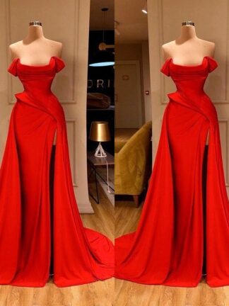 Купить Sexy Arabic Simple Style Red Mermaid Prom Dresses High Neck Long Sleeves Evening Gown High Side Split Formal Party Bridesmaid Dress BC3681