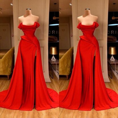 Купить Sexy Arabic Simple Style Red Mermaid Prom Dresses High Neck Long Sleeves Evening Gown High Side Split Formal Party Bridesmaid Dress BC3681