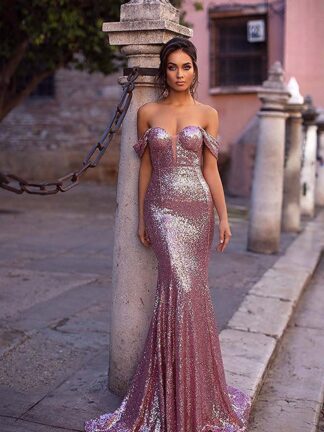 Купить Rose Dress Gold Mermaid Sequin Prom Evening Gowns Off The Shoulder Cocktail Party for Bride Cap Sleeves Pageant Plus Size