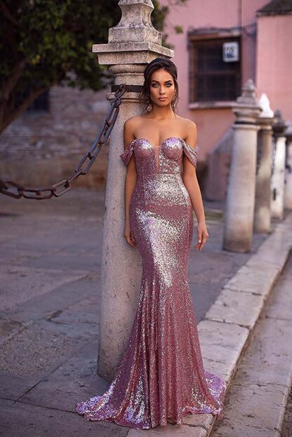 Купить Rose Dress Gold Mermaid Sequin Prom Evening Gowns Off The Shoulder Cocktail Party for Bride Cap Sleeves Pageant Plus Size