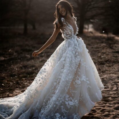Купить Sexy Backless Wedding Dress Cap Sleeves Deep V Neck 3d Floral Appliques Bridal Gowns Vestido De Noiva Lorie