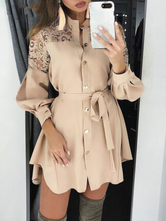 Купить Februaryfrost Women Pure Mesh Lace Button Long Sleeve Shirt Dresses Office Ladies Dresses Solid Sashes Dress for Spring Autumn