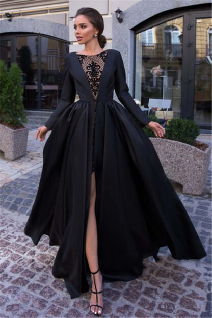 Купить Simple A Line Women Prom Dresses Lace Satin Formal Evening Party Gowns Front Split Long Sleeve vestido de noche